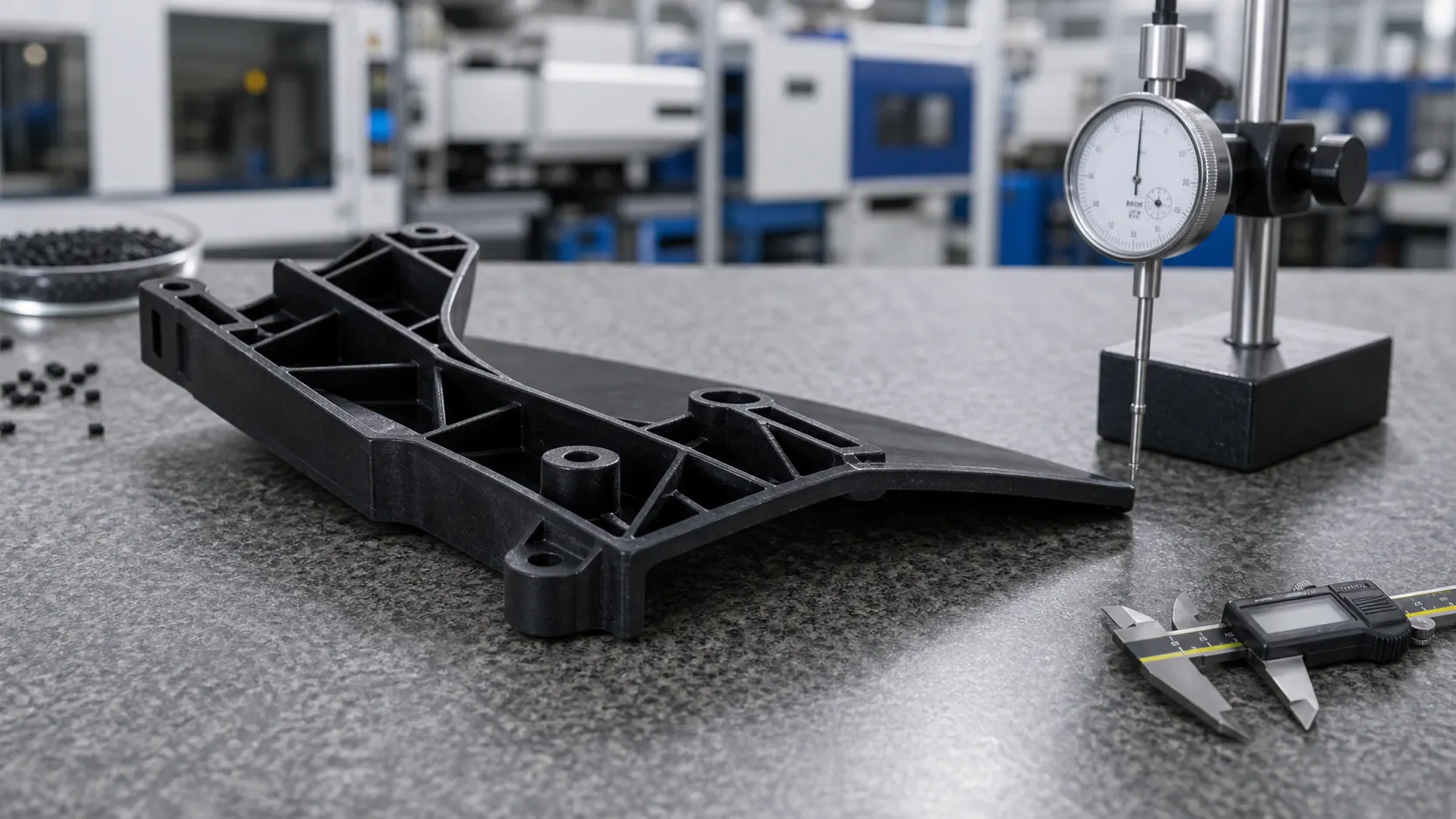 Warped glass fiber reinforced nylon automotive bracket under flatness inspection